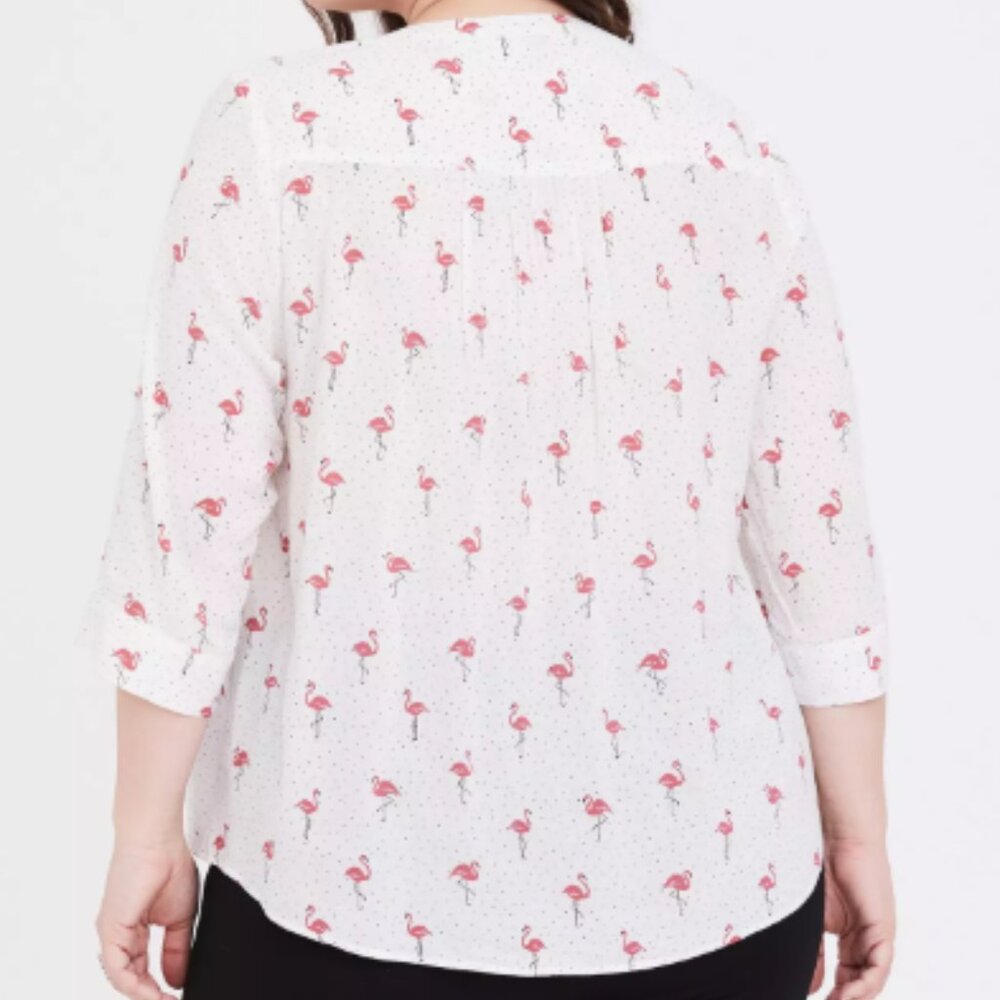 Torrid 2X White Flamingo Print Harper Challis Button Front 3/4 Sleeve Blouse - Picture 2 of 10